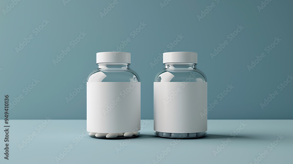 Two clear glass pill bottles with white labels and white caps against a blue background. Two clear glass pill bottles with white labels and white caps against a blue background.