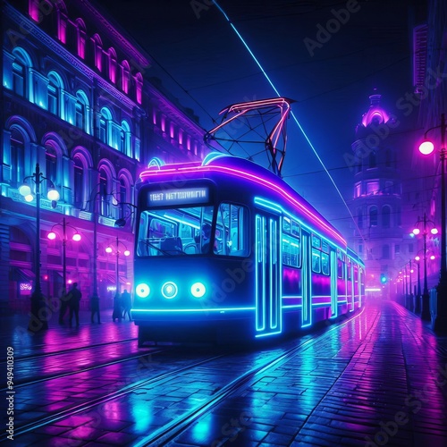 Neon Night Tram A tram illuminated with neon lights ideal for ni photo