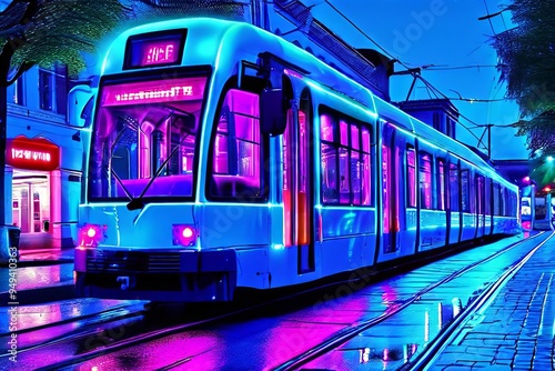 neon night tram a tram illuminated with neon lights ideal for ni