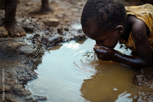 A child drinking from a contaminated water source, with copy space