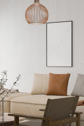 Minimalisitic contemprory living room interior with empty photo frame mockup  photo