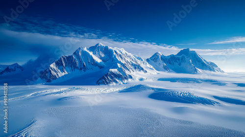 The sun is shining on a beautiful mountain range covered in snow and glaciers in antarctica