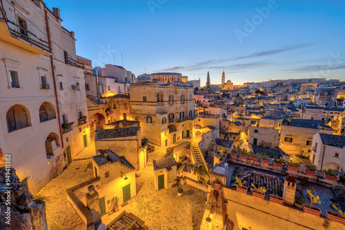 The historic old town of Matera in southern Italy at twilight