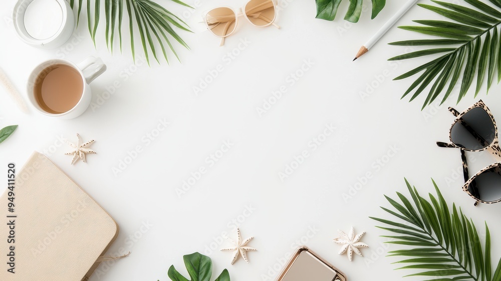 Flat Lay Tropical Summer Background with Palm Leaves  Sunglasses  Coffee and Copy Space
