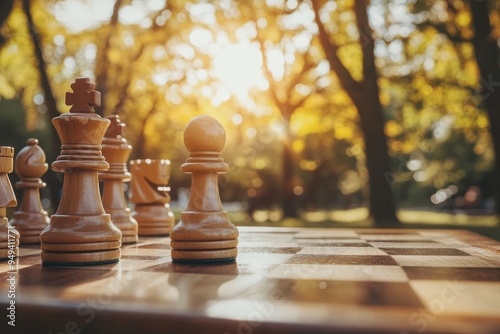 A close-up of a chess board mid-game in a park, with copy space