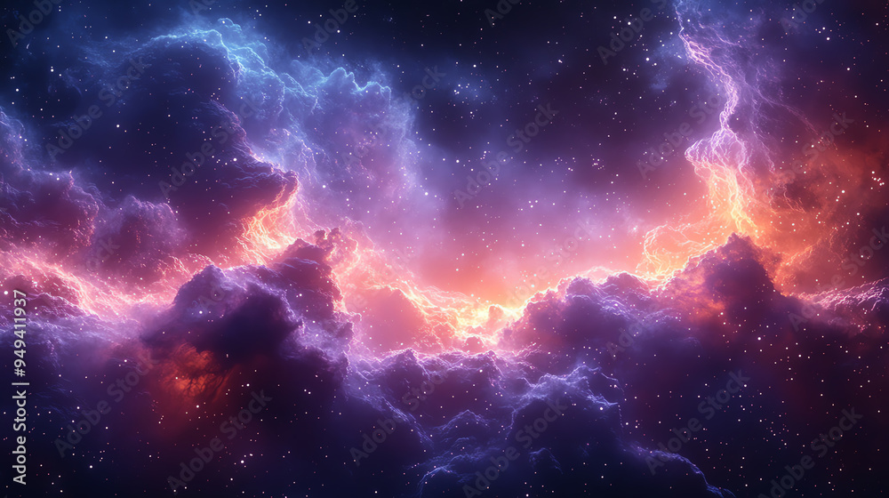 Fototapeta premium A mesmerizing cosmic scene featuring vibrant colors and swirling clouds in deep space, evoking wonder and exploration.