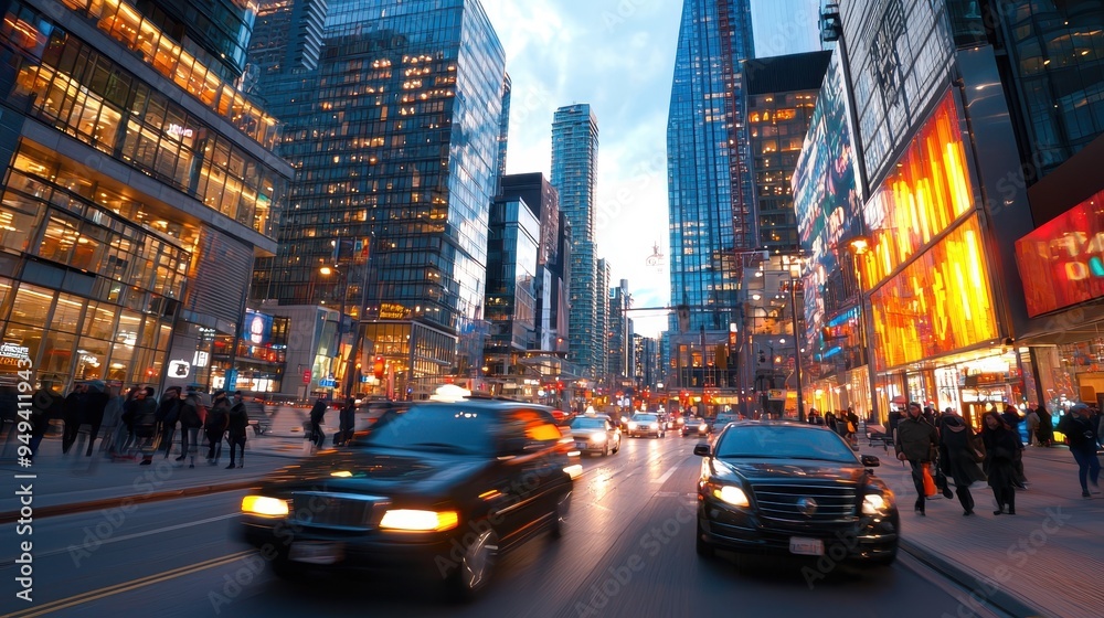 Obraz premium Cityscape with Modern Architecture Cars and People at Night