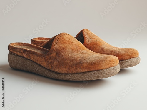 A floating pair of slippers slightly separated aga  629 shoe, shoes, fashion, footwear, leather, pair, foot, clothing, isolated, slipper, style, brown, object, wooden, sandal, black, high, child, woma photo