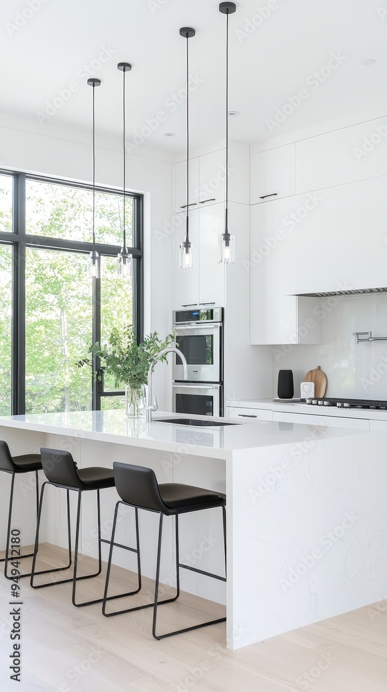 Modern Kitchen Island with Black Bar Stools and Pendant Lights Modern Kitchen Island with Black Bar Stools and Pendant Lights