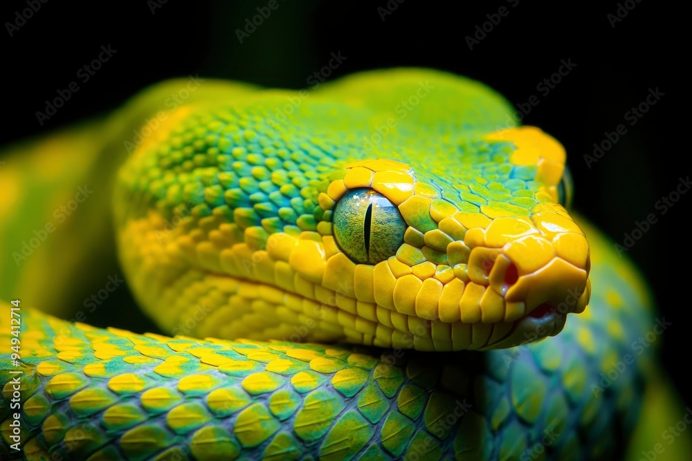 Close-up of a Green Tree Python's Head and Eye