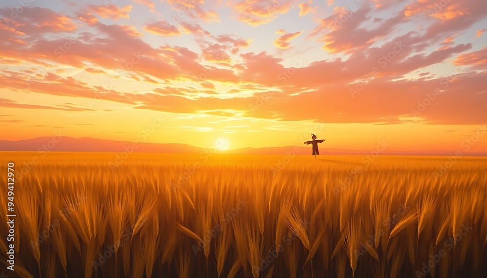 Obraz premium Golden Sunset Over Wheat Field With Scarecrow
