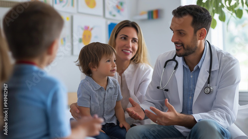 Doctor engaging with young family at playful pediatric Office