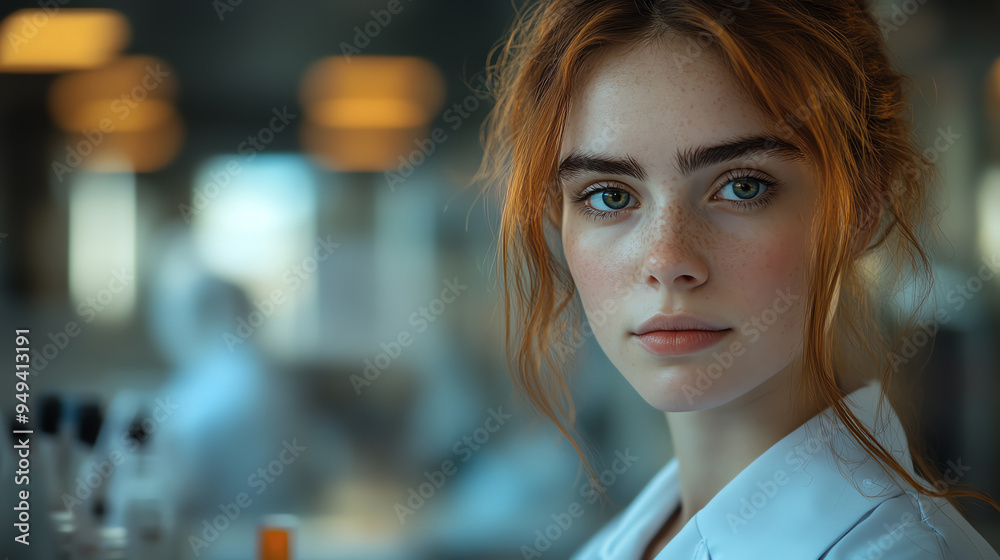 Captivating portrait of a young woman in a lab coat, showcasing focus and curiosity in a scientific environment. Captivating portrait of a young woman in a lab coat, showcasing focus and curiosity in a scientific environment.