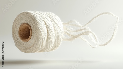 A floating spool of thread with a small length unr  531 string, ball, thread, isolated, rope, white, twine, wool, yarn, knitting, cord, roll, clew, cotton, spool, textile, craft, natural, brown, fiber photo