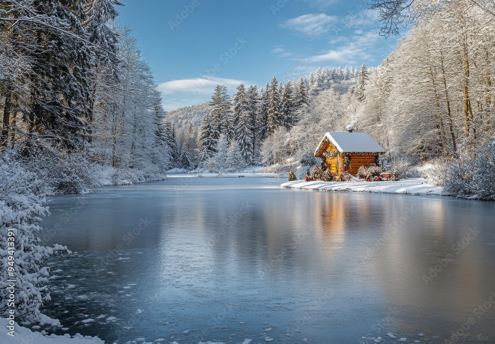 A picturesque frozen lake surrounded by snow-covered trees, with a small wooden cabin in the distance decorated for Christmas A picturesque frozen lake surrounded by snow-covered trees, with a small wooden cabin in the distance decorated for Christmas