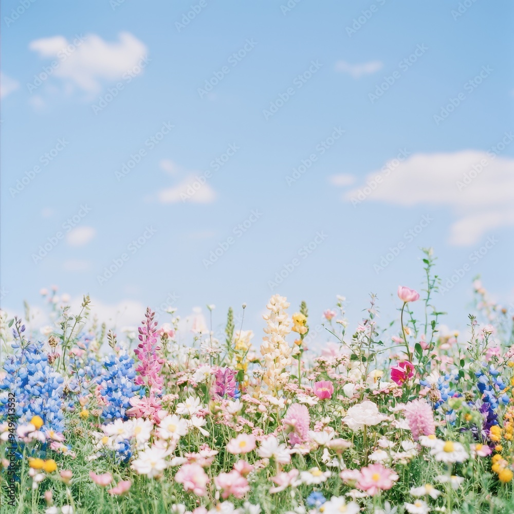 Summer Wildflower Meadow with Blue Sky and Clouds Summer Wildflower Meadow with Blue Sky and Clouds