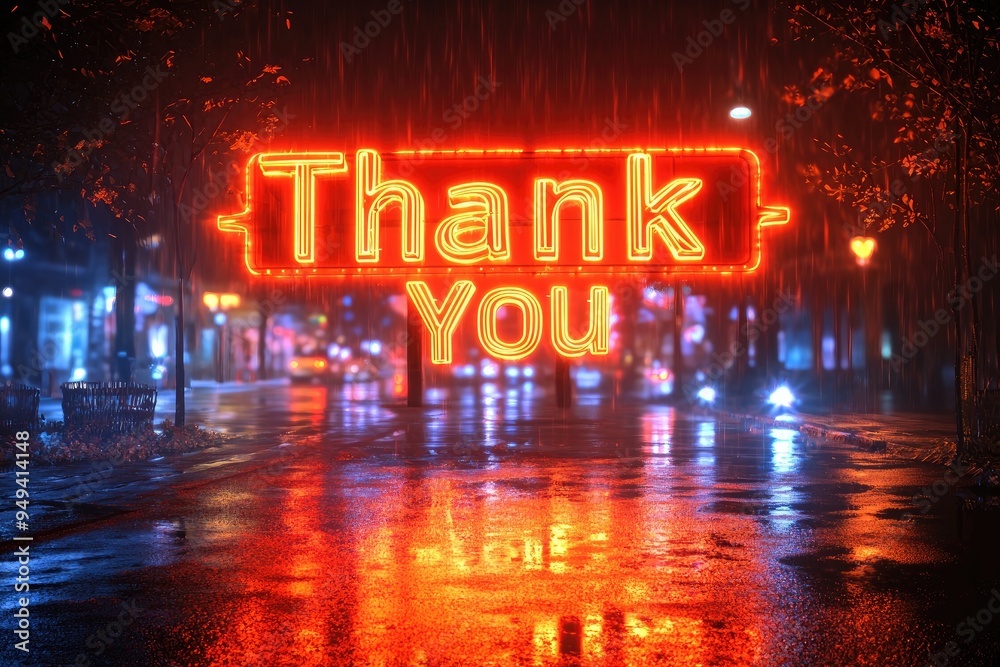 Glowing 'Thank You' neon sign in rainy city street at night Glowing 'Thank You' neon sign in rainy city street at night