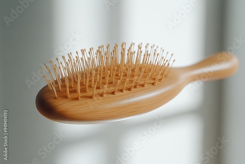 A hairbrush hovering with bristles facing down aga  462 brush, hairbrush, hair, comb, isolated, white, object, care, beauty, wooden, accessory, fashion, wood, hygiene, equipment, plastic, tool, hairdr photo