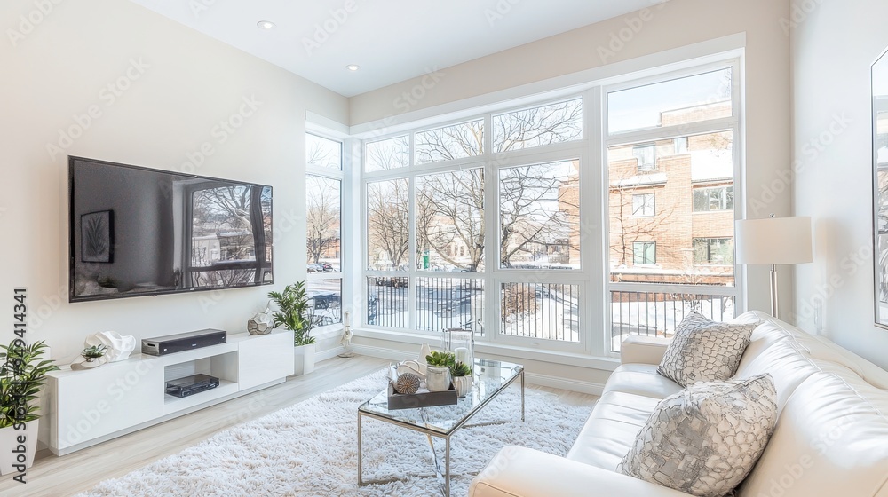Modern Living Room Interior Design with White Sofa and Large Windows Modern Living Room Interior Design with White Sofa and Large Windows