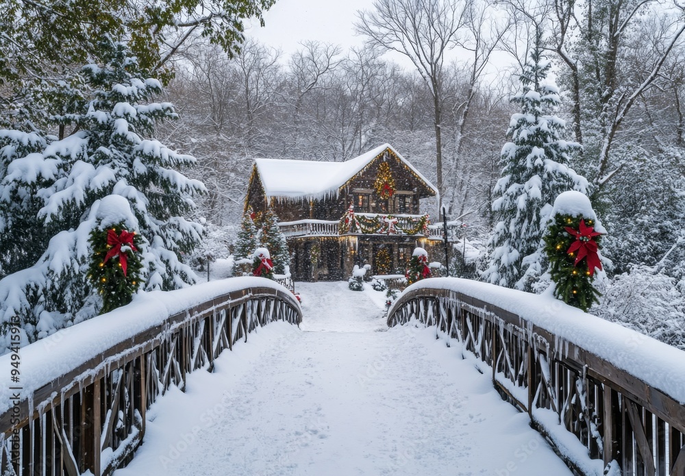 A snow-covered bridge leading to a cozy house adorned with Christmas decorations, surrounded by snowy trees A snow-covered bridge leading to a cozy house adorned with Christmas decorations, surrounded by snowy trees