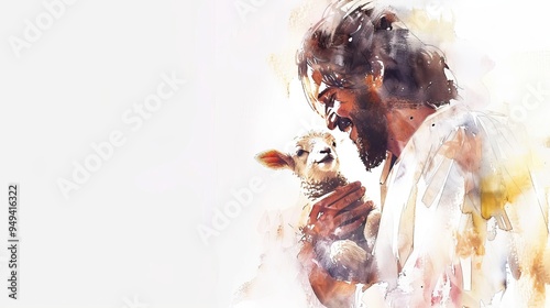 A watercolor painting of Jesus Christ gently holding a lamb