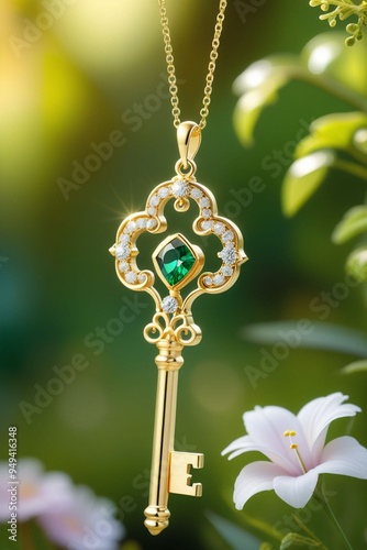 A beautiful golden key pendant hanging naturally on a chain with an emerald photo