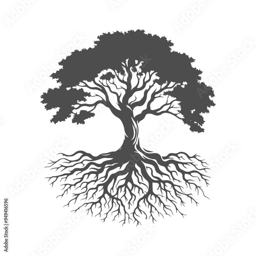 Bonsai black tree silhouette, isolated on white background.  Forest tree with leaves vector logo.