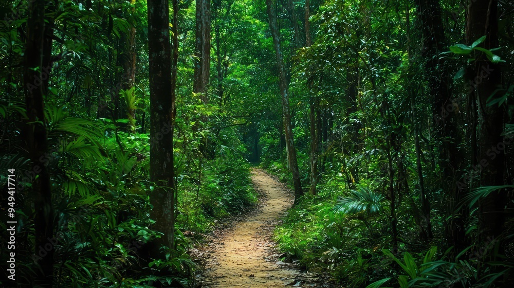 Fototapeta premium Green Rainforest Path. A narrow path winding through a dense green rainforest.