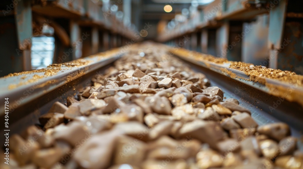 Gold ore mining and processing. Concentrating plant. Conveyor belt with gold ore rocks. Gold ore mining and processing. Concentrating plant. Conveyor belt with gold ore rocks.