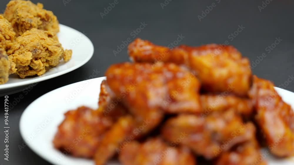 흰 접시 위에 놓여 있는 후라이드 치킨과 양념 치킨 흰 접시 위에 놓여 있는 후라이드 치킨과 양념 치킨