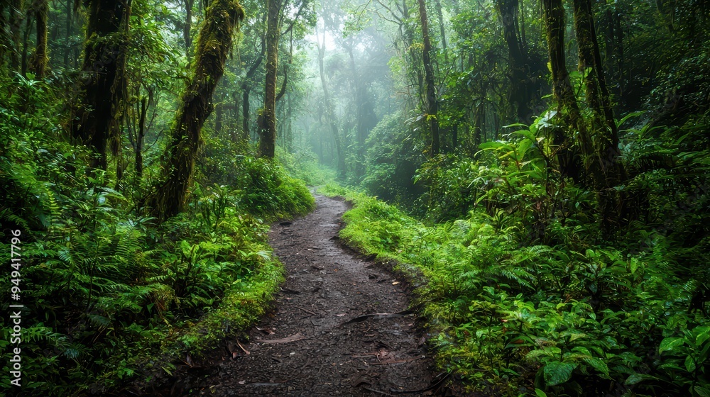 Obraz premium Green Rainforest Path. A narrow path winding through a dense green rainforest.