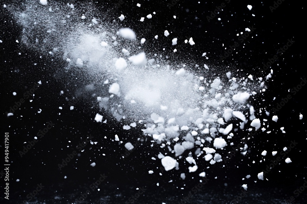 Explosion of snow falling down from sky or roof, heavy big small size snows. Freeze shot on black background isolated. Fluffy White snowflakes splash explode cloud up in mid air storm. Generative Ai Explosion of snow falling down from sky or roof, heavy big small size snows. Freeze shot on black background isolated. Fluffy White snowflakes splash explode cloud up in mid air storm. Generative Ai