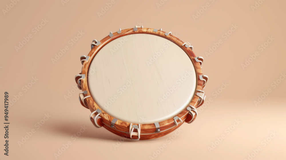A traditional wooden drum with beige skin, showcased against a plain background, highlighting its intricate design and craftsmanship. A traditional wooden drum with beige skin, showcased against a plain background, highlighting its intricate design and craftsmanship.