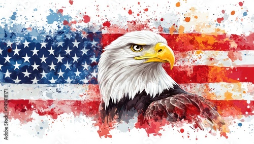 American Bald Eagle with Watercolor Flag