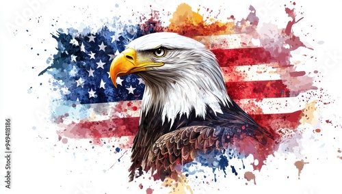 American Bald Eagle with Watercolor Flag