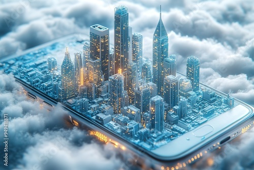 A cell phone is shown in a cityscape with buildings and clouds photo