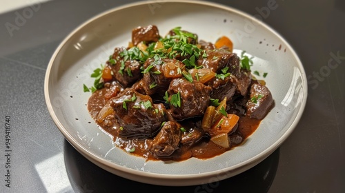 Close-up of rich, savory beef stew with herbs on a plate.