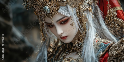 Woman in Elaborate Gold and Red Costume  Close Up Portrait photo