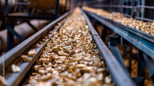 Gold ore mining and processing. Concentrating plant. Conveyor belt with gold ore rocks. photo