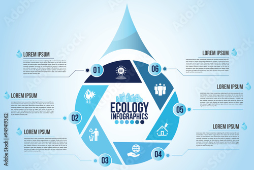 Infographic eco water blue design elements process 6 steps or options parts with drop of water. Ecology organic nature vector business template for presentation.