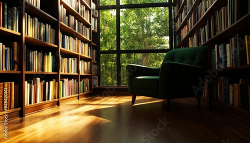 A cozy library scene featuring a green chair and shelves filled with books, illuminated by natural light from the window.