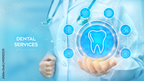 Dental servises. Dentistry concept. Dental insurance. Dental care, taking care of teeth. Doctor holding in hand tooth icon and medicine icons network connection on virtual screen. Vector illustration.