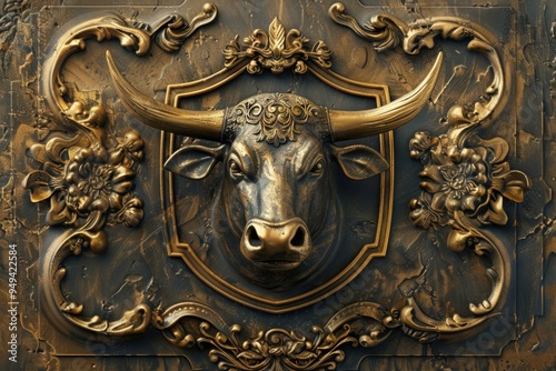 Decorative bull sculpture in an elaborate frame, symbolizing financial stability, market strength, and investment power