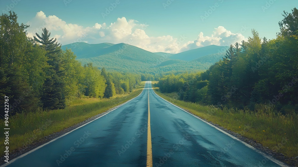 Empty Road Through Green Mountains Scenic Drive Summer Landscape Empty Road Through Green Mountains Scenic Drive Summer Landscape