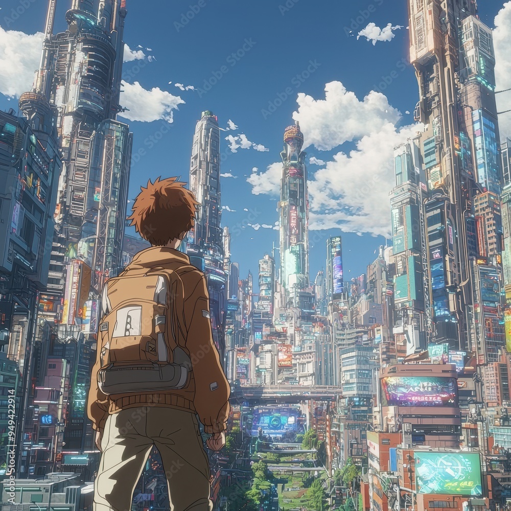 Futuristic Cityscape with Man Looking Out Over Skyline Futuristic Cityscape with Man Looking Out Over Skyline