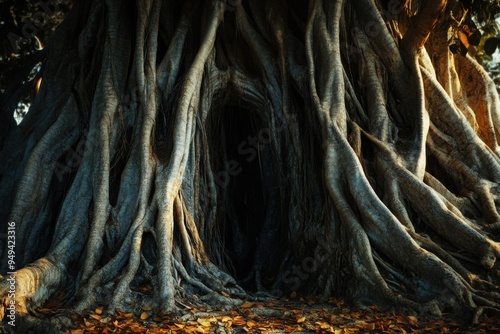 A towering ancient banyan tree with its intricate sprawling roots, with copy space photo