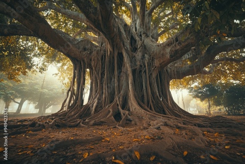 A towering ancient banyan tree with its intricate sprawling roots, with copy space photo