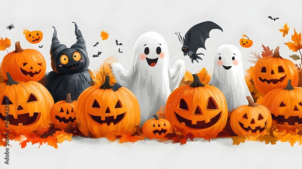 Halloween Ghosts and Pumpkins - Playful Monsters and Autumn Leaves Decoration Halloween Ghosts and Pumpkins - Playful Monsters and Autumn Leaves Decoration