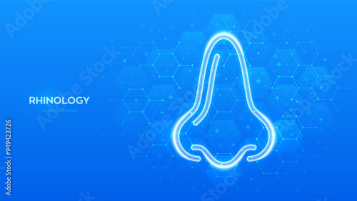 Nose icon. Rhinology. Rhinoplasty surgery. Plastic surgery. Runny nose treatment. Rhinitis, nasal infection, allergy. Molecular structure. Blue medical background with hexagons. Vector illustration.