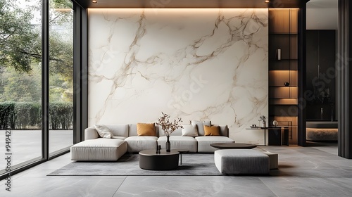 A modern living room featuring a marbling-decorated wall, creating a sophisticated backdrop with intricate patterns. 